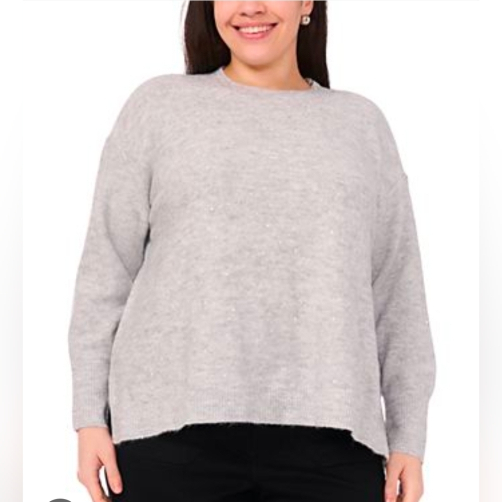 Vince Camuto Heather Gray Embellished Crew Neck Sweater